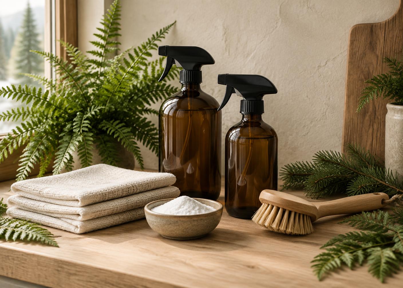 Natural cleaning supplies arranged with fern and pine greenery